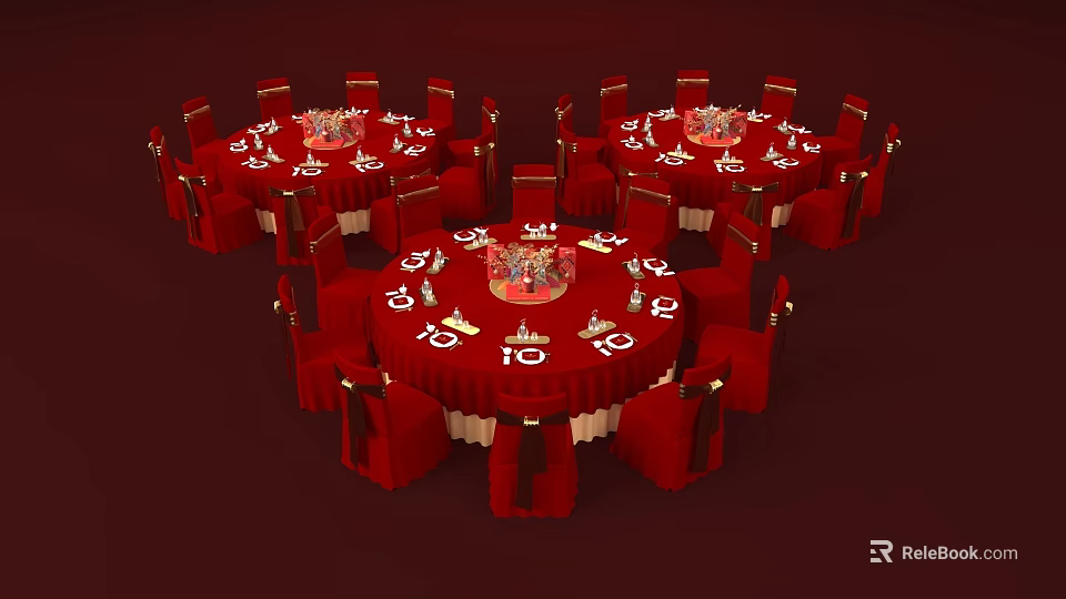 Pantry Banquet Setup With Red Round Table Number 10 Chairs Tableware And Wine Glasses 3d model 