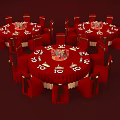 Pantry Banquet Setup With Red Round Table Number 10 Chairs Tableware And Wine Glasses
