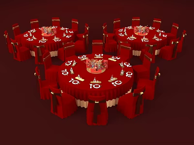 Pantry Banquet Setup With Red Round Table Number 10 Chairs Tableware And Wine Glasses 3d model