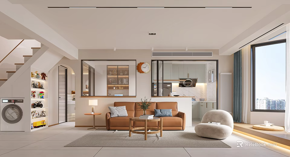 Modern Open Concept Dining and Living Room Interior With Sofa Coffee Table and Dining Table 3d model