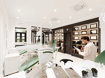 Modern Dental Clinic Interior With Dental Chair Medical Equipment And Certificates On Shelves 3d model