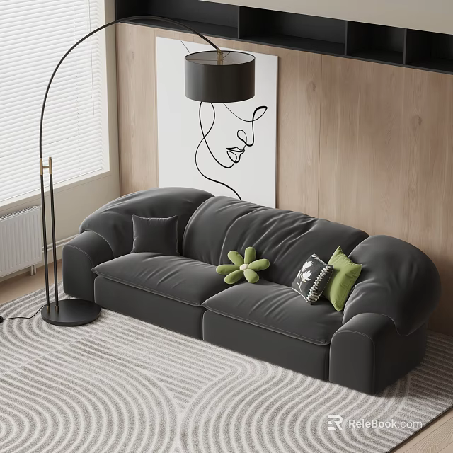 Modern Gray Sectional Sofa With Green Pillows Abstract Art And Floor Lamp In Living Room 3d model 