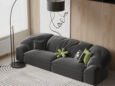 Modern Gray Sectional Sofa With Green Pillows Abstract Art And Floor Lamp In Living Room 3d model