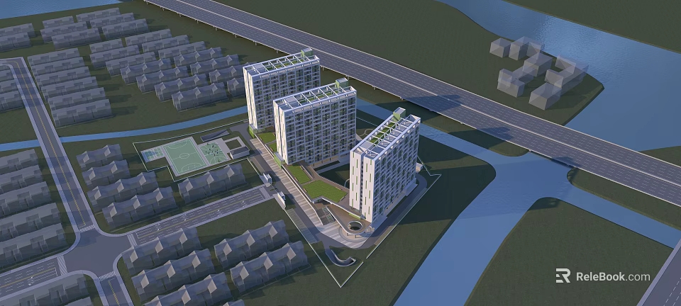 Modern High Rise Residential Buildings With Green Roofs Near River And Road 3d model 