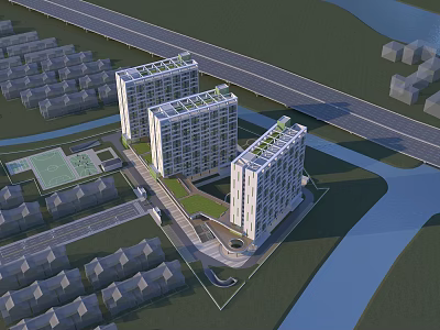 Modern High Rise Residential Buildings With Green Roofs Near River And Road 3d model