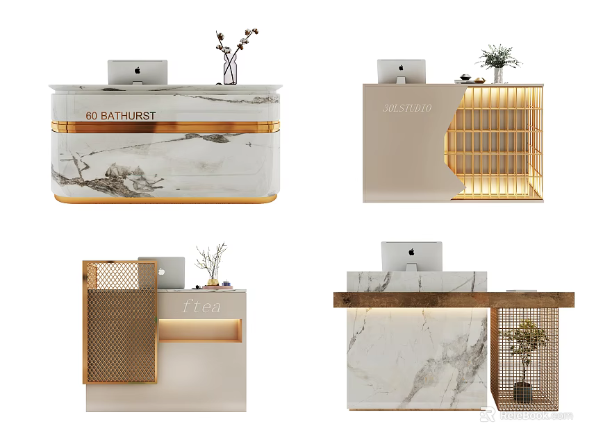Modern Reception Desk Designs With Marble Surfaces Gold Accents And Plants 3d model 