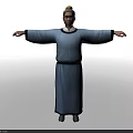 Man In Traditional Blue Robe With Belt Standing Arms Outstretched On Black Background