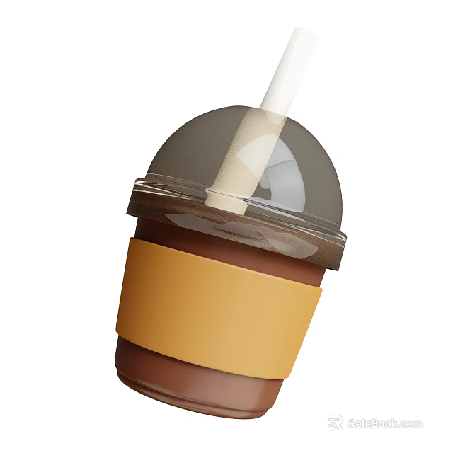 Brown Beverage Cup With Transparent Lid White Straw And Yellow Sleeve 3d model 