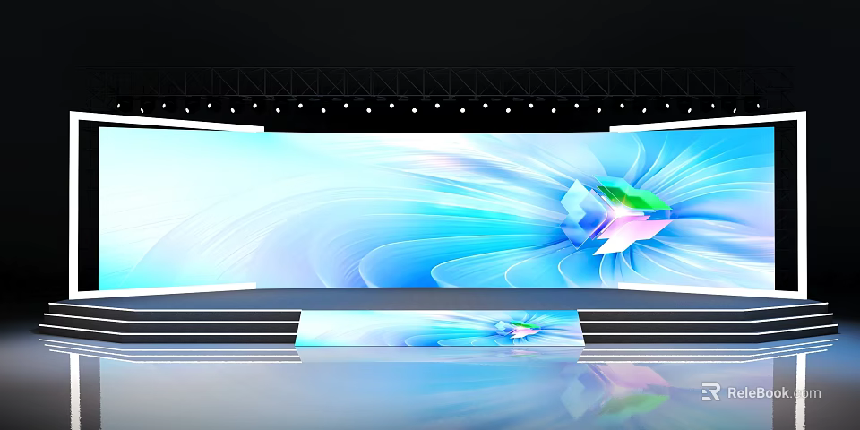 Modern Stage Design With Large Blue Background Screen Featuring Abstract Flower Pattern And Illuminated Steps 3d model 