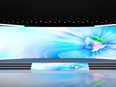 Modern Stage Design With Large Blue Background Screen Featuring Abstract Flower Pattern And Illuminated Steps 3d model