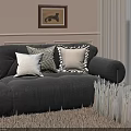 Gray Sofa With Decorative Pillows In Living Room With Beige Walls And Framed Art