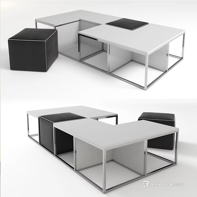Sleek Modern Coffee Table With White Tabletop Metal Frame And Black Stools 3d model