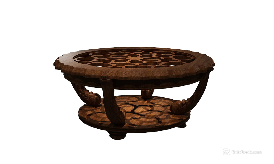 Wooden Tea Table With Intricate Carved Design Round Top And Decorative Legs 3d model 