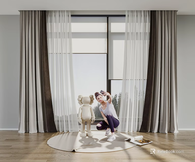 Gray And White Sheer Curtains For Large Window In Modern Interior Space 3d model 