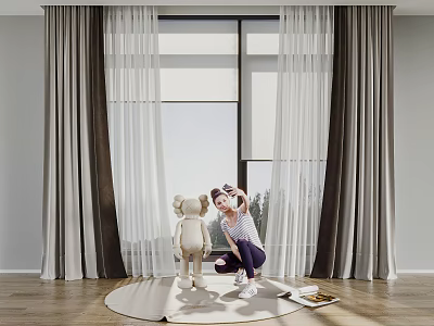 Gray And White Sheer Curtains For Large Window In Modern Interior Space 3d model