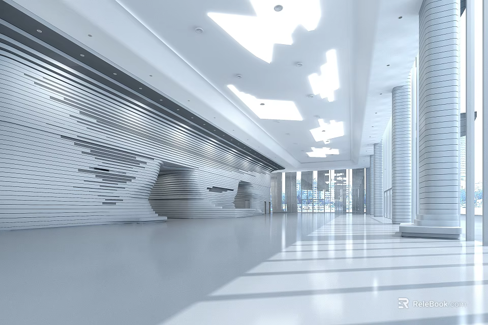 Modern Reception Area Design With Spacious White Interior Bright Lighting And Glass Doors 3d model 