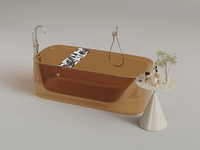 Transparent Amber Bathtub With Black White Pattern Towel Small Table Bath Products And Potted Plant 3d model