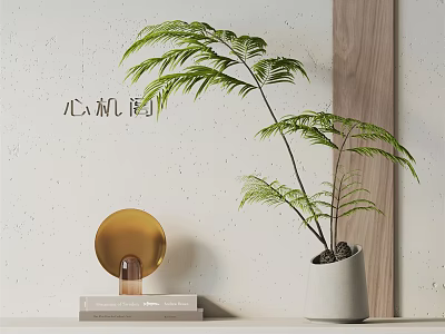 Lush Fern Bonsai Potted Plant In White Ceramic Pot With Golden Decor And Wooden Panel 3d model