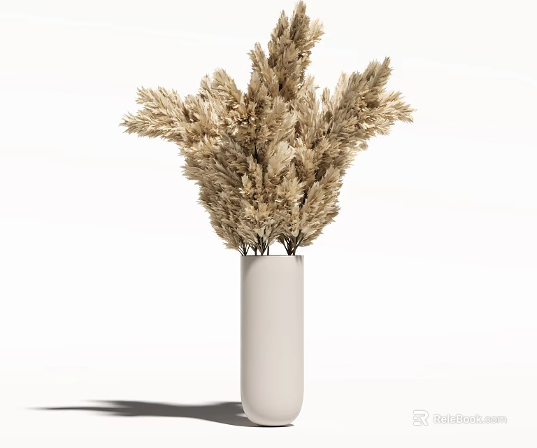 White cylindrical vase with light brown dried reeds in simple design on pure white background 3d model 