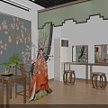 Traditional Chinese Style Mall Store Featuring Clothing Mannequins Floral Screen Decorative Lanterns And Potted Plants