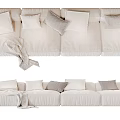 Sectional Sofa with Multiple Soft Pillows and Cozy Blanket in Light Linen Fabric 3d model