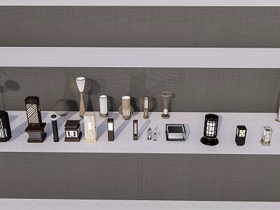 Various Styles of Outdoor Lights Neatly Arranged on Display Shelf 3d model