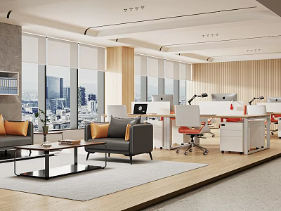 Modern Public Office Interior With Workstations Sofa And City View Through Large Windows 3d model