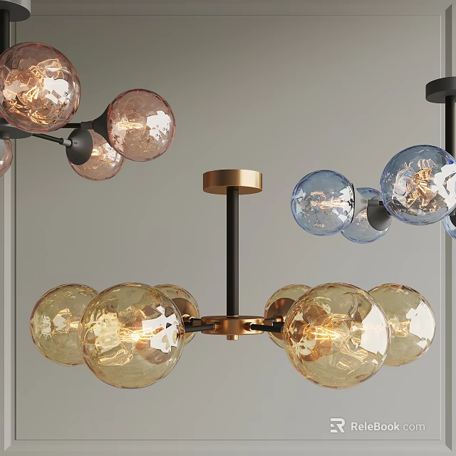 Modern Chandelier Design With Amber Blue Pink Glass Globes And Brass Black Metal Frame 3d model 