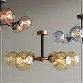 Modern Chandelier Design With Amber Blue Pink Glass Globes And Brass Black Metal Frame