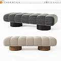 Modern Ottoman with Dark and Light Gray Upholstery Round Cushions and Wooden Cylindrical Legs