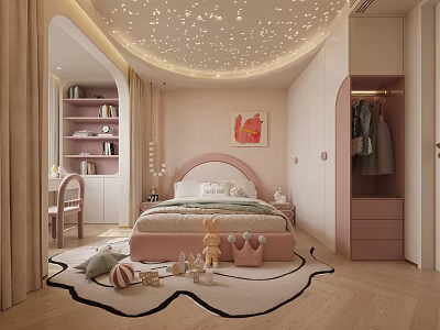 Pink Kids Room Interior Design With Starry Ceiling Bed Wardrobe And Toys Rug 3d model