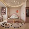 Pink Kids Room Interior Design With Starry Ceiling Bed Wardrobe And Toys Rug
