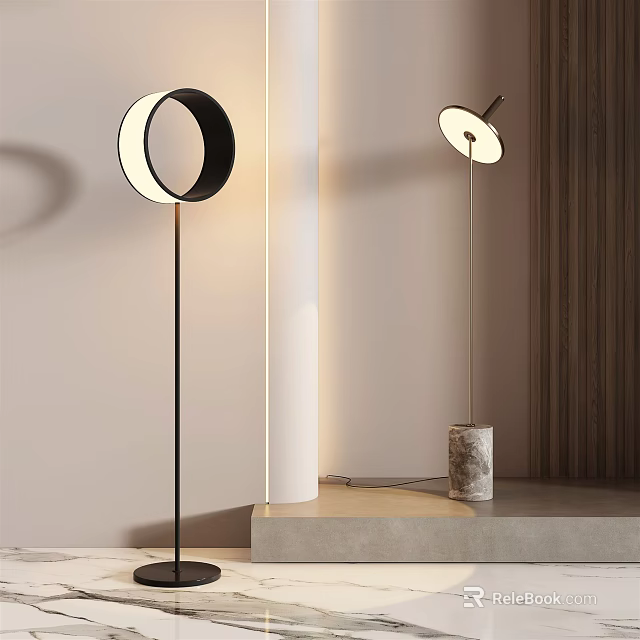 Modern Floor Lamps With Circular Shades Black Stand And Marble Base In Minimalist Interior 3d model 