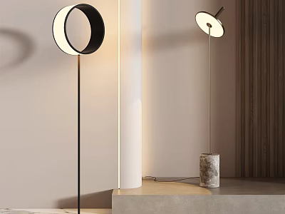 Modern Floor Lamps With Circular Shades Black Stand And Marble Base In Minimalist Interior 3d model