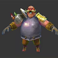 Bald Game Movie Character 3D Model With Big Mustache Purple Armor Golden Accents And Orange Pants
