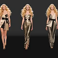 Three Female Models In Gold Black Dresses With Long Blonde Hair Walking On Runway