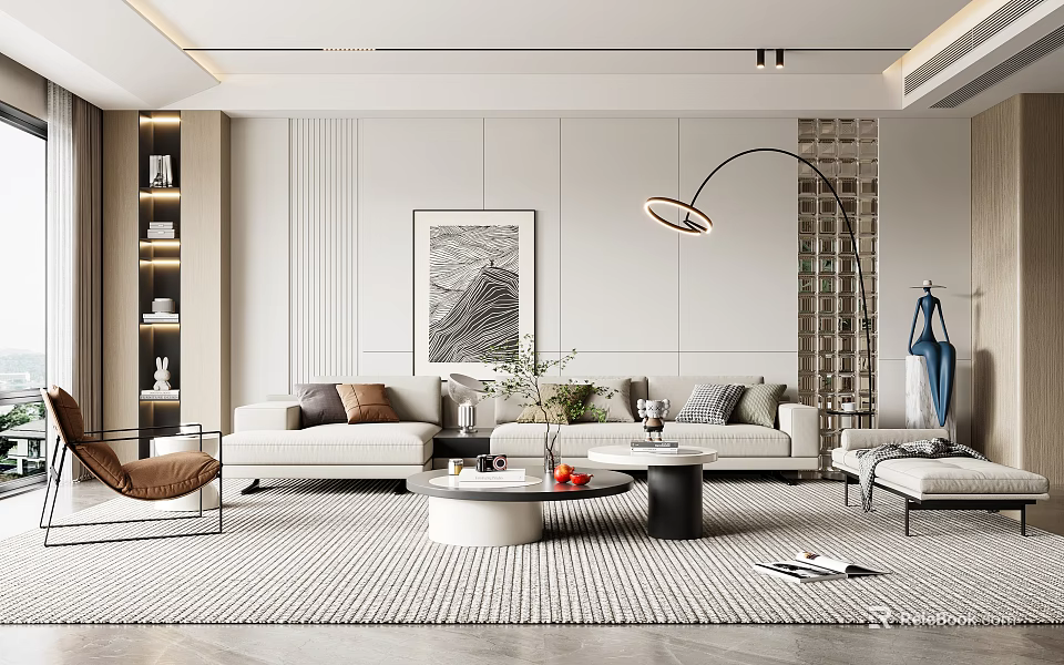 Modern Minimalist Living Room With Light Gray Sofa Round Coffee Table Floor Lamp Decorative Artwork 3d model 