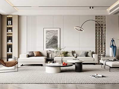 Modern Minimalist Living Room With Light Gray Sofa Round Coffee Table Floor Lamp Decorative Artwork 3d model