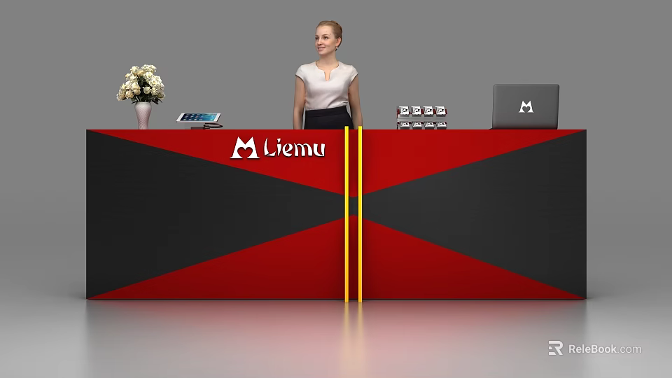 Modern Reception Desk With Liemu Logo Red And Black Design Flower Vase Tablet And Laptop 3d model 