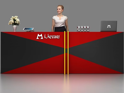Modern Reception Desk With Liemu Logo Red And Black Design Flower Vase Tablet And Laptop 3d model