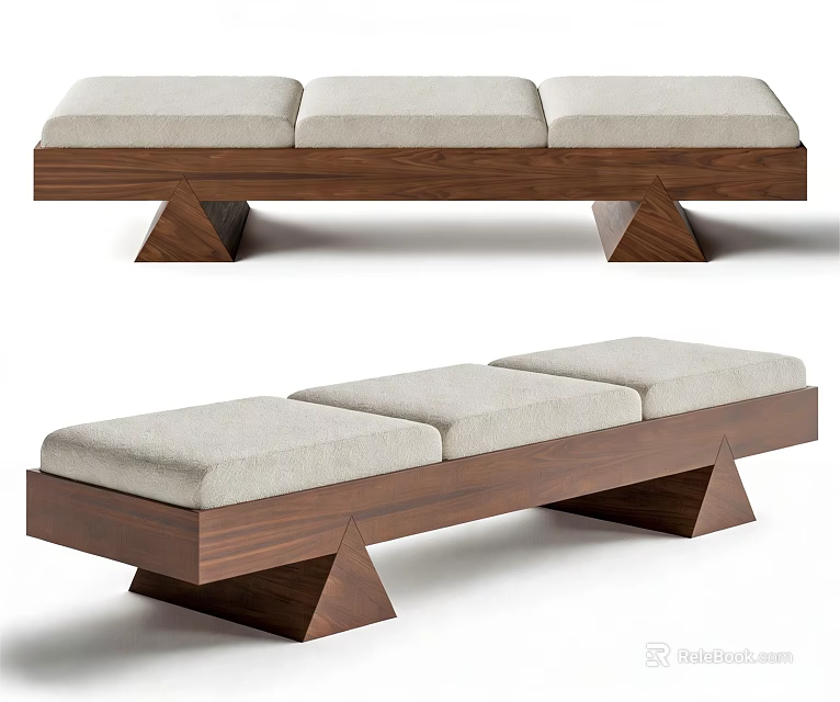 Modern Sofa Bench With Walnut Wood Frame And Three Cushioned Seats 3d model 