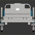 Modern Medical Bed with Blue Mattress White Frame and Side Rails on Wheels