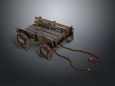 Vintage Wooden Cart With Spoked Wheels And Rope Harness On Gray Background 3d model