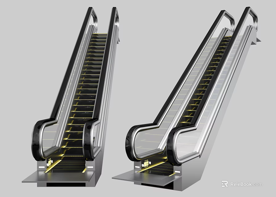 Modern Escalator Design With Stainless Steel Frame Glass Balustrade And Yellow Steps 3d model 