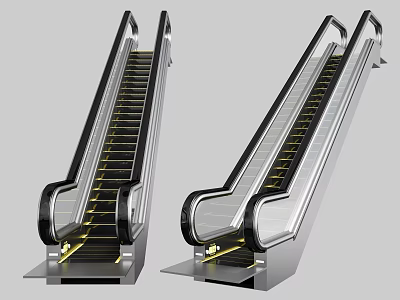 Modern Escalator Design With Stainless Steel Frame Glass Balustrade And Yellow Steps 3d model