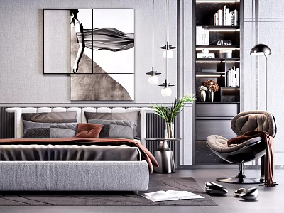 Modern Bedroom Interior with Gray Double Bed Pillows Abstract Artwork Bookshelf and Floor Lamp 3d model
