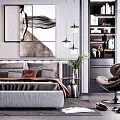 Modern Bedroom Interior with Gray Double Bed Pillows Abstract Artwork Bookshelf and Floor Lamp