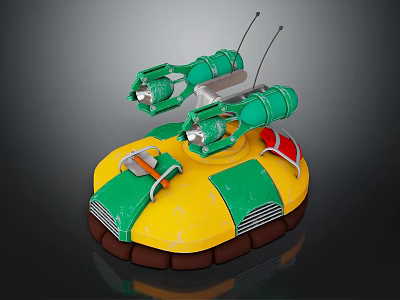 Green Yellow Futuristic Sci Fi Mechanical Creature With Turrets And Round Base 3d model