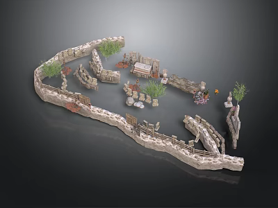Natural Stone Scene Structure With Curved Walls Platforms And Green Plants 3d model