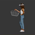 Woman In Blue Overalls Using VR Headset With Shopping Basket On Gray Background